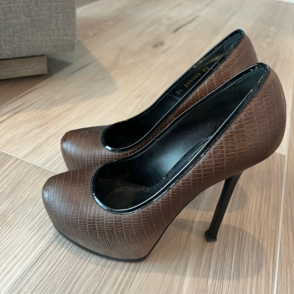 Brown and black YSL pumps